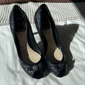 Christian Dior Black Quilted Leather Peep Toe Pumps CD Logo Heels Size 37